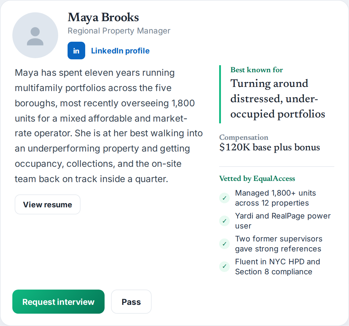 A vetted candidate card with verified highlights